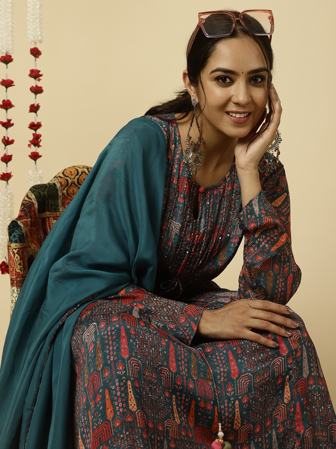 

Jaipur Kurti Tribal Printed Flared Kurta With Dupatta, Teal