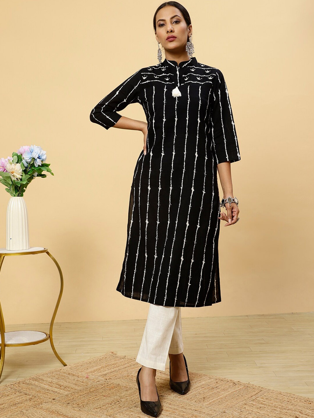 

Jaipur Kurti Striped Cotton Straight Kurta, Black