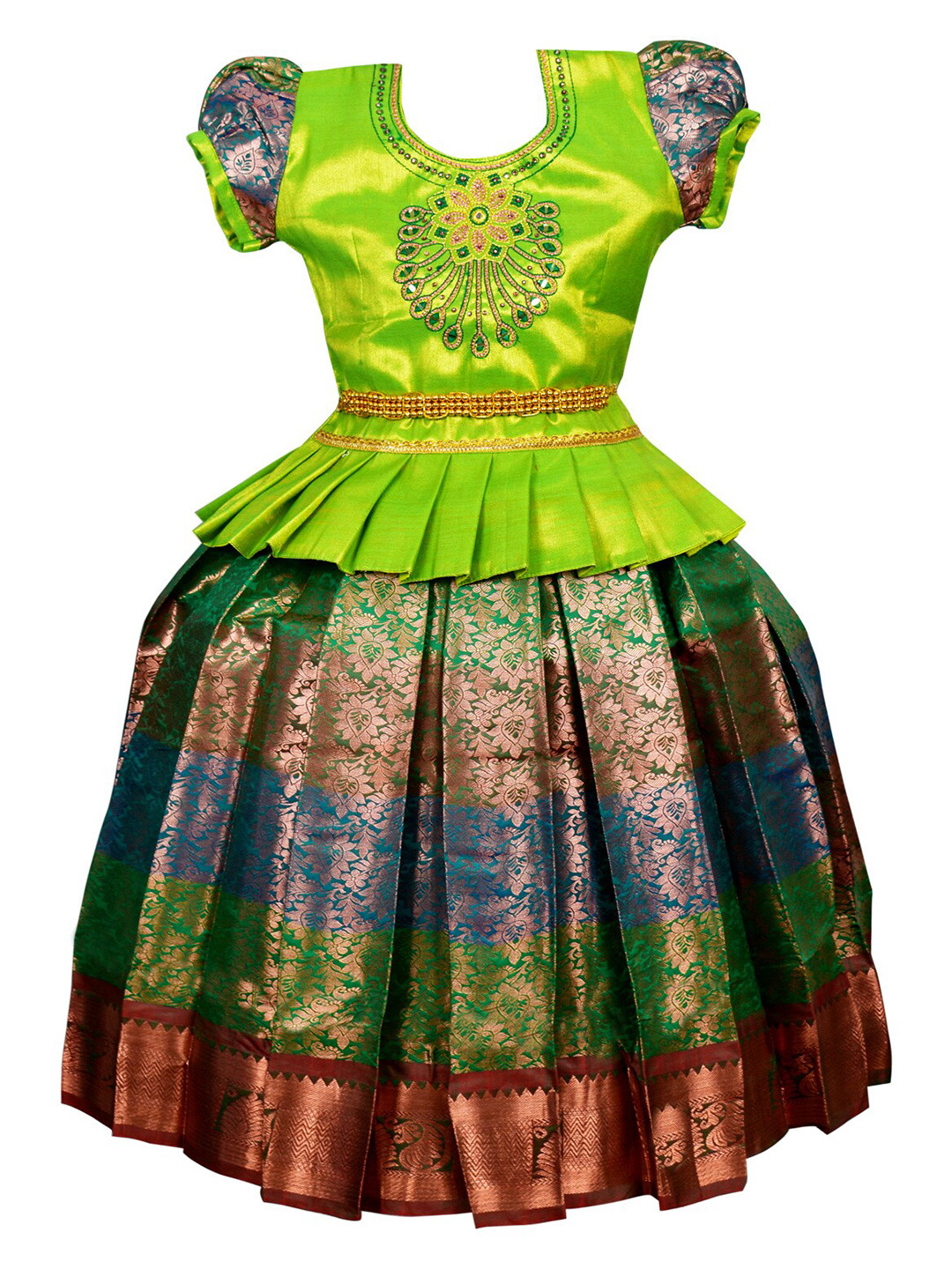 

AMIRTHA FASHION Girls Embroidered Art SilkThread Work Ready to Wear Lehenga, Green