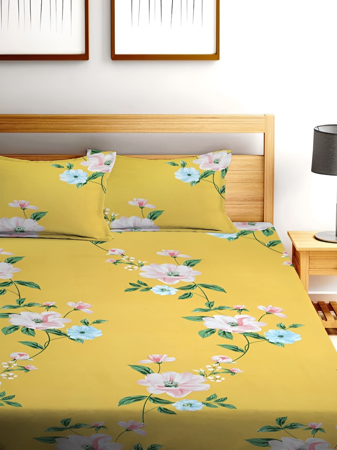 

HOMECRUST Yellow Cotton 200 TC Queen Fitted Bedsheet with 2 Pillow Covers