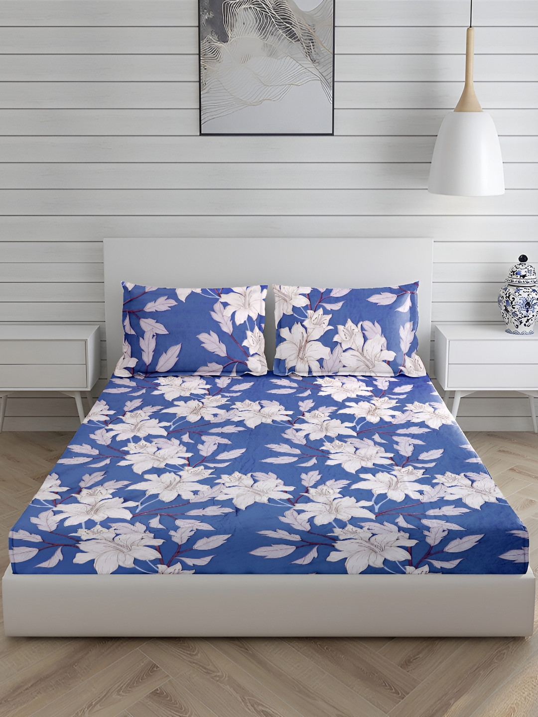

HOMECRUST Blue Cotton 200 TC Queen Fitted Bedsheet with 2 Pillow Covers