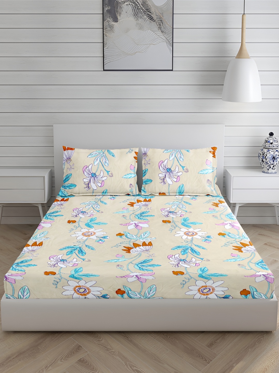 HOMECRUST Beige Cotton 200 TC Queen Fitted Bedsheet with 2 Pillow Covers