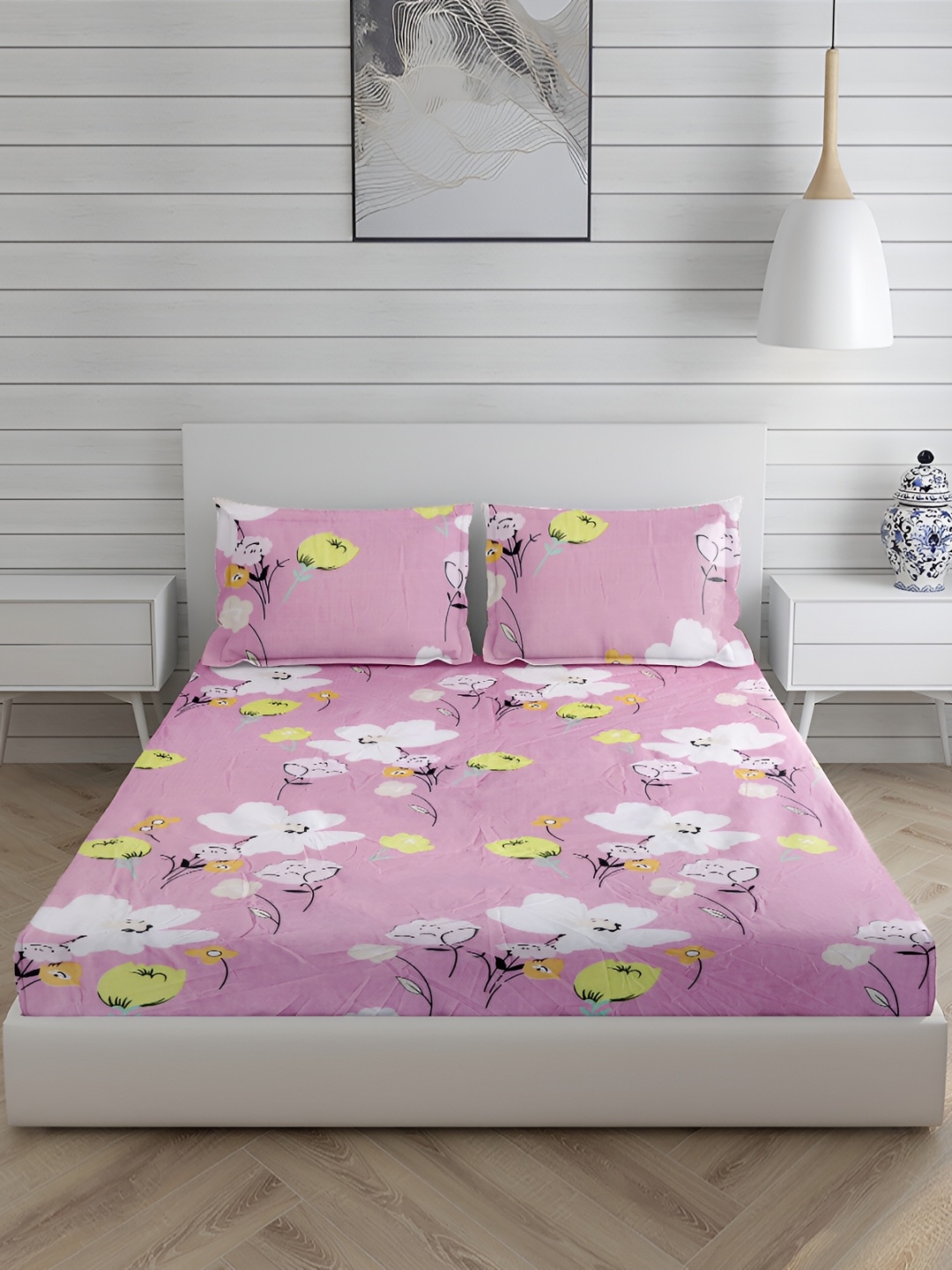 

HOMECRUST Pink Cotton 200 TC Queen Fitted Bedsheet with 2 Pillow Covers