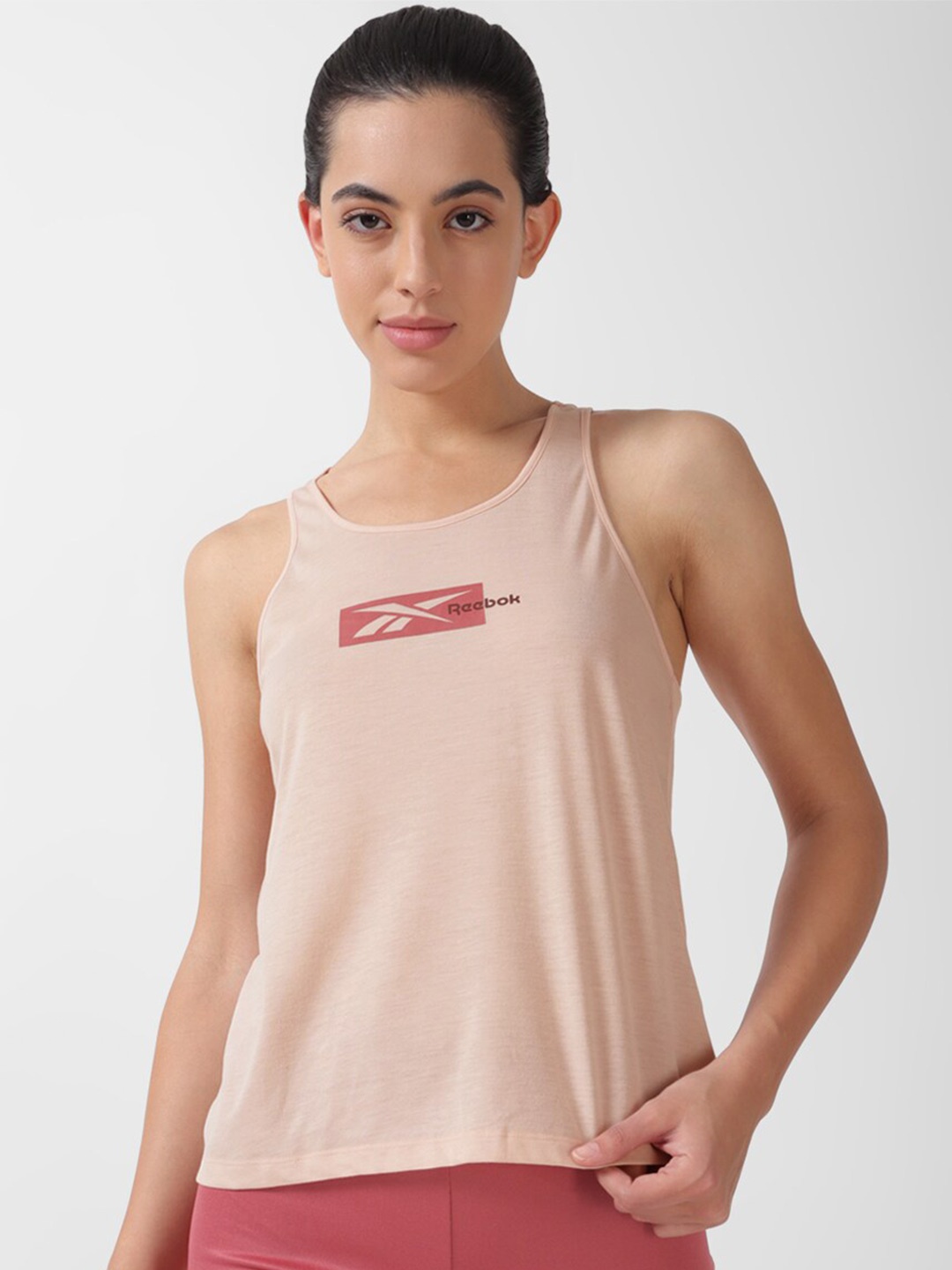 

Reebok Brand Logo Printed Round Neck Slim Fit Tank Top, Pink