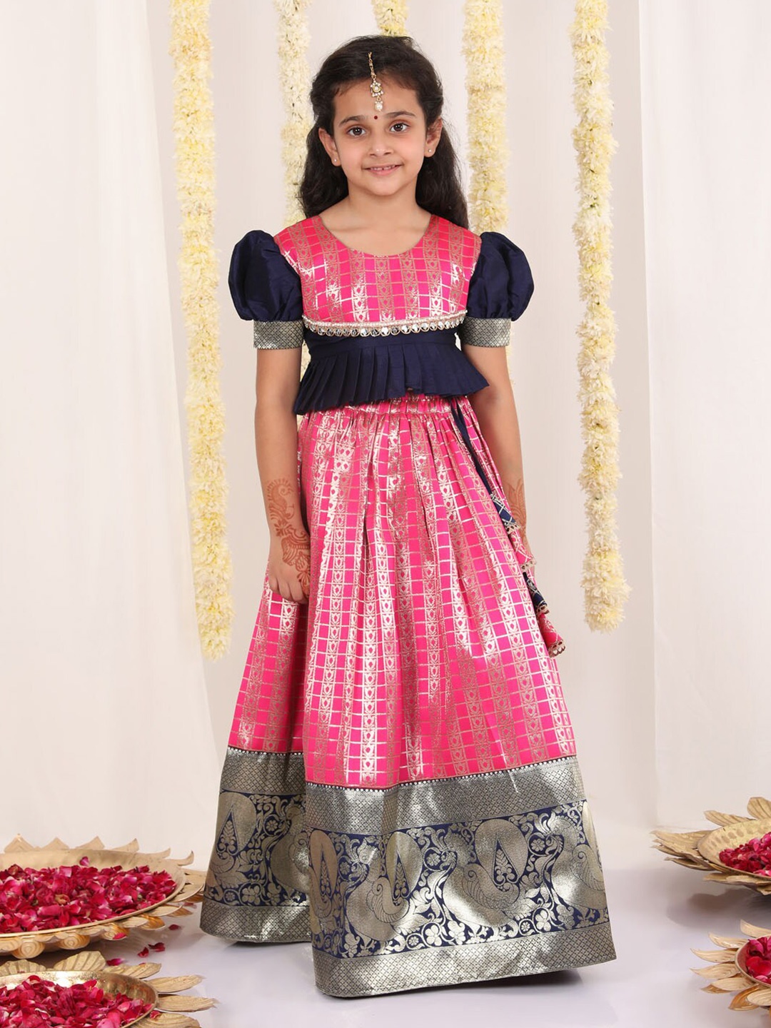 

JBN Creation Girls Ethnic Motifs Woven Design Ready To Wear Lehenga, Pink