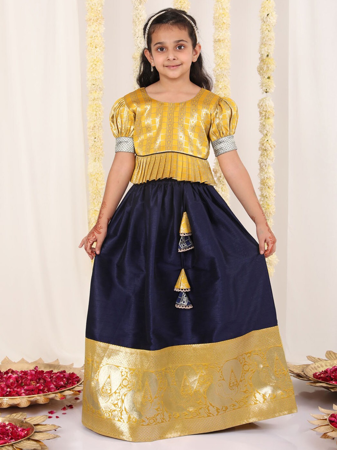 

JBN Creation Girls Woven Design Puffed Sleeves Zari Ready to Wear Lehenga & Blouse, Mustard
