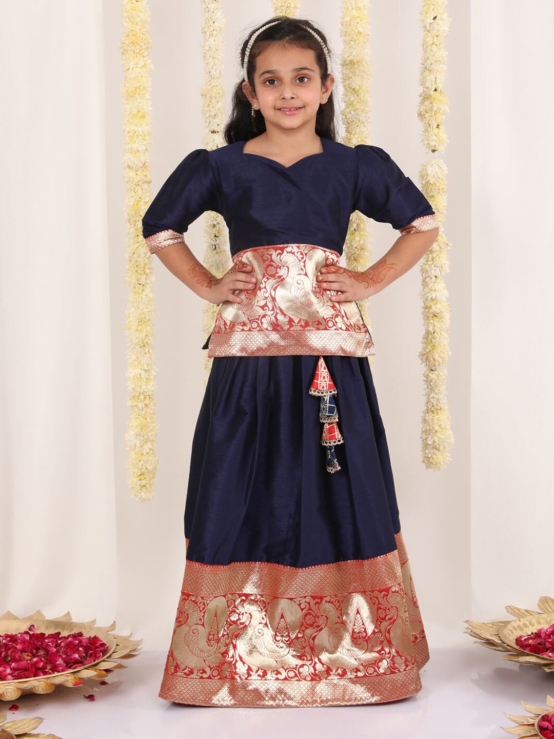JBN Creation Girls Ethnic Motifs Woven Design Ready To Wear Lehenga, Navy blue