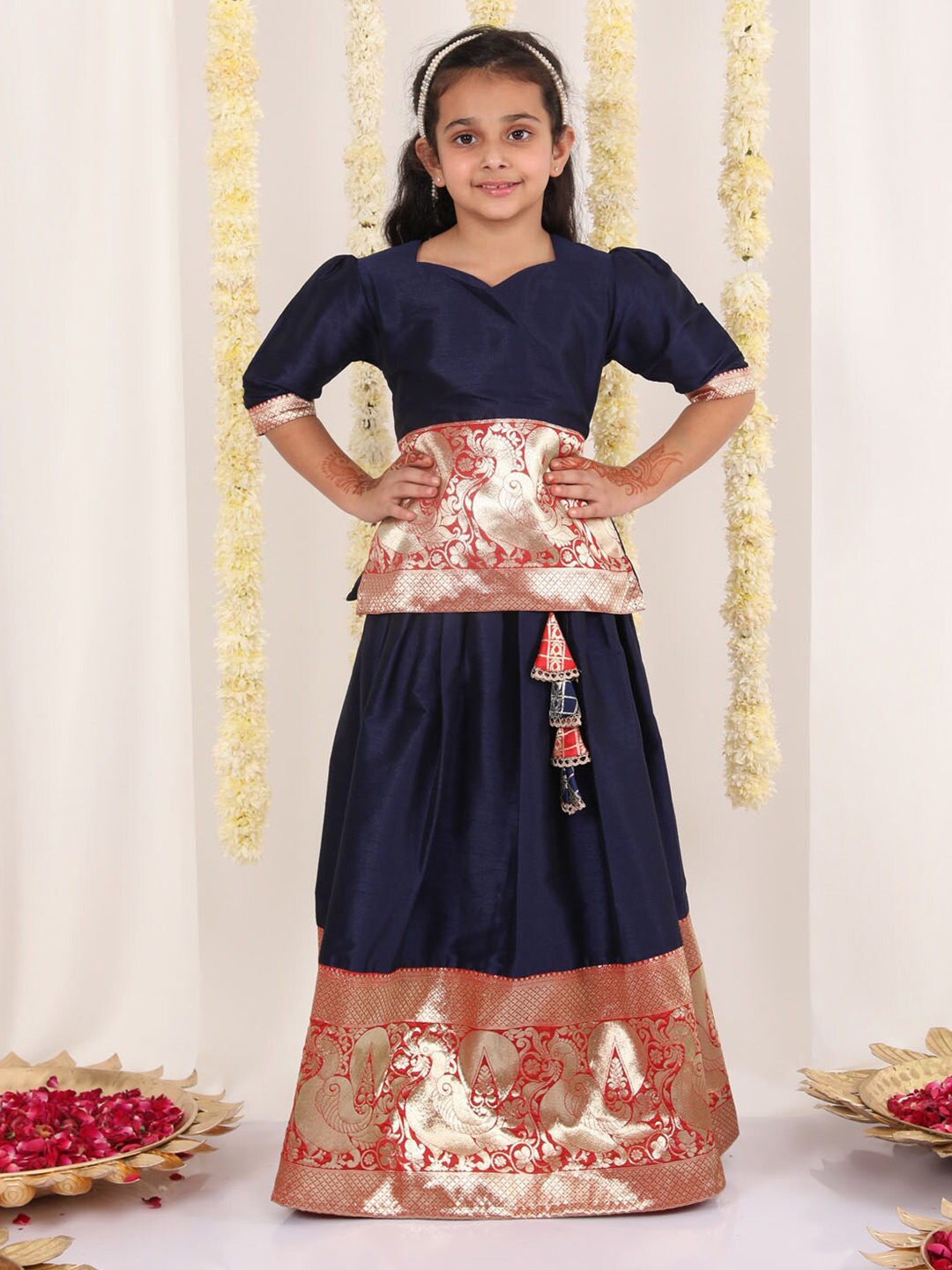 

JBN Creation Girls Ethnic Motifs Woven Design Ready To Wear Lehenga, Navy blue