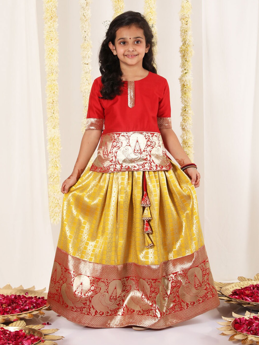 

JBN Creation Girls Ethnic Motifs Woven Design Ready to Wear Lehenga Set, Red