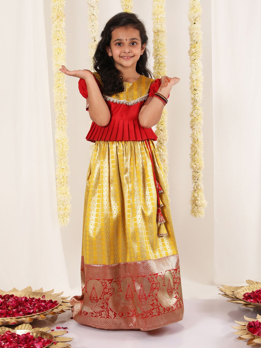 

JBN Creation Girls Woven Design Puffed Sleeves Zari Ready to Wear Lehenga & Blouse, Red