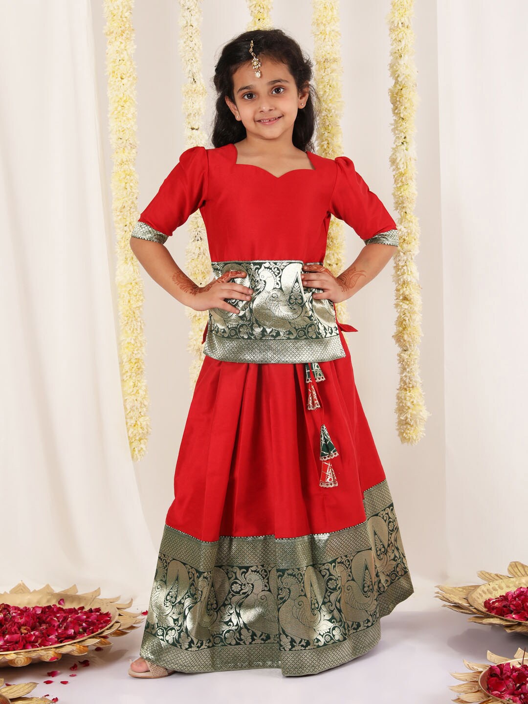 

JBN Creation Girls Ethnic Motifs Woven Design Ready To Wear Lehenga, Red