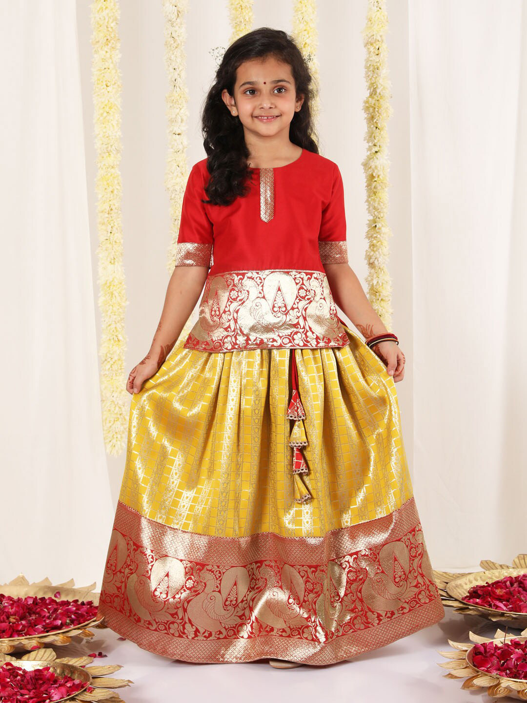 

JBN Creation Girls Woven Design Ready to Wear Lehenga & Blouse, Red