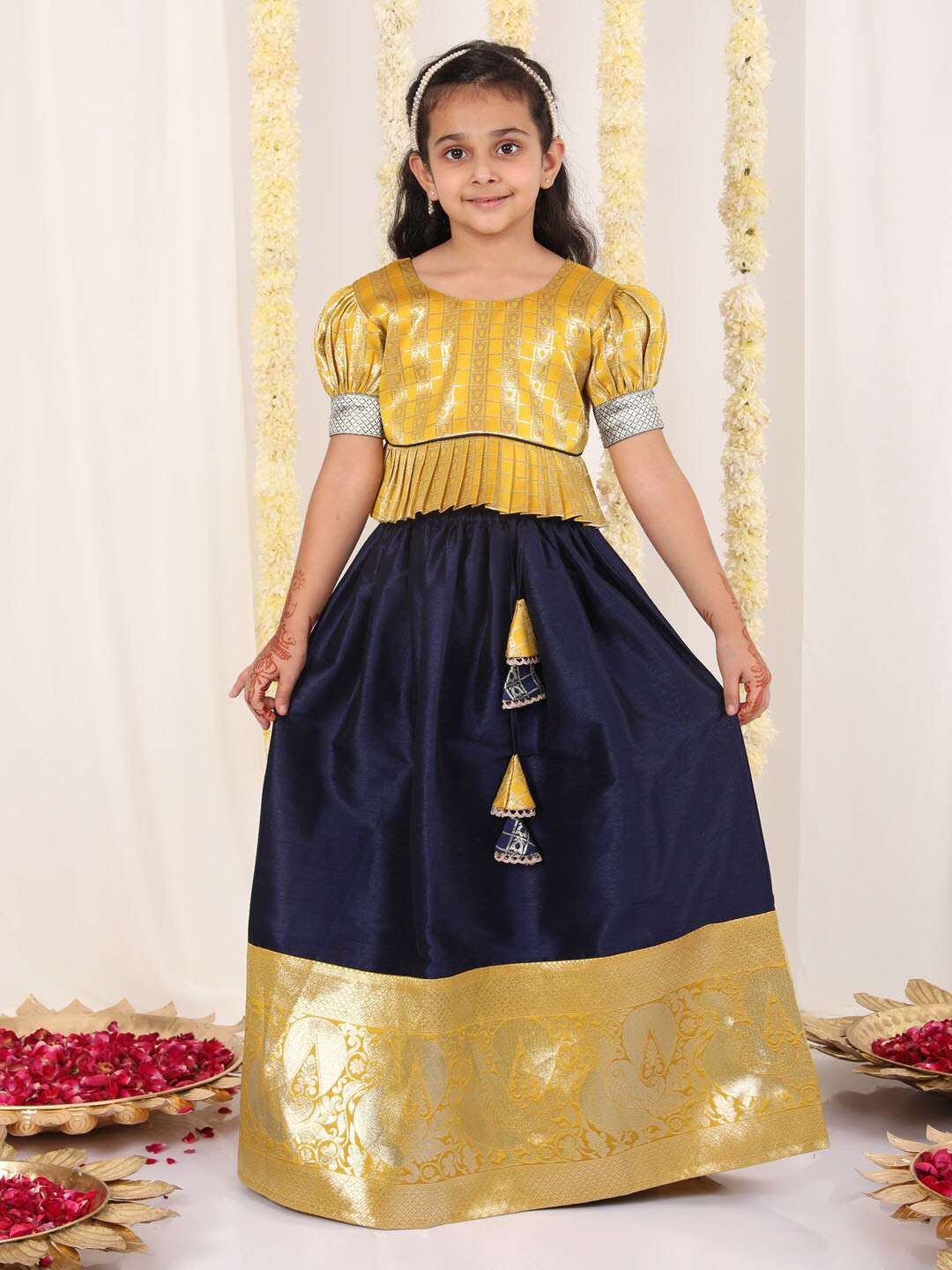 

JBN Creation Girls Woven Design Puffed Sleeves Zari Ready to Wear Lehenga & Blouse, Mustard