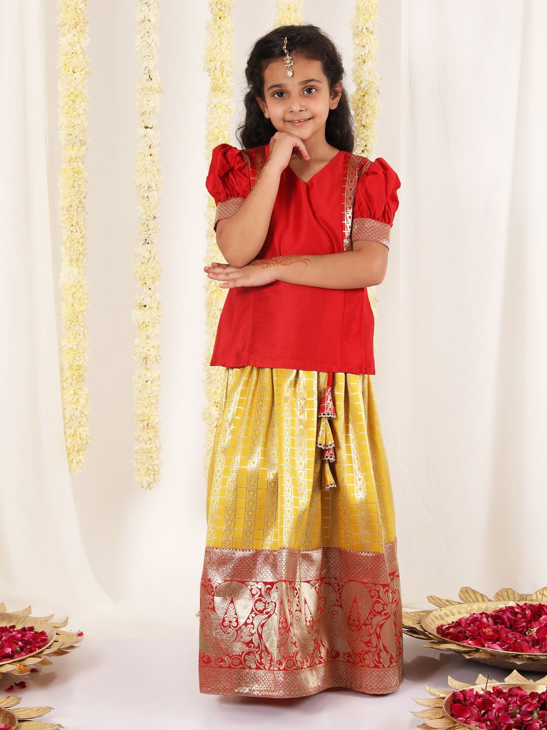 

JBN Creation Girls Ethnic Motifs Woven Design Ready To Wear Lehenga, Red