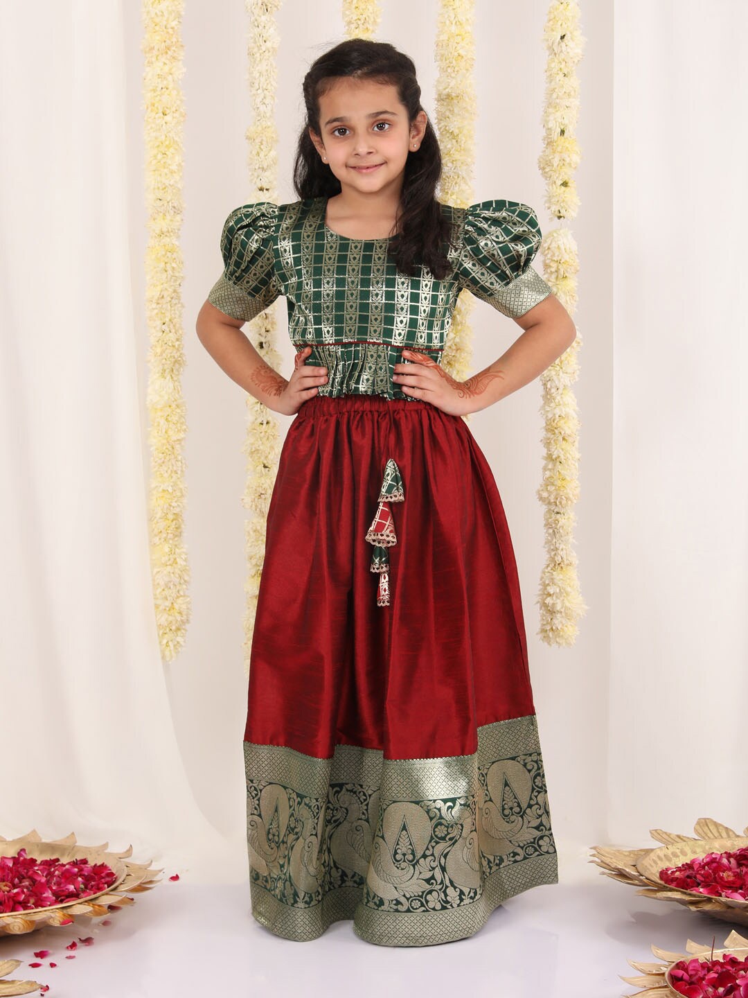 JBN Creation Girls Ethnic Motifs Woven Design Ready To Wear Lehenga, Green