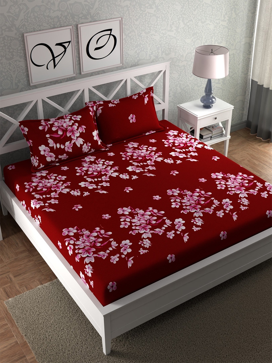 

CG HOMES Red & White Floral Printed 160 TC Fitted Queen Bedsheet with Pillow Covers