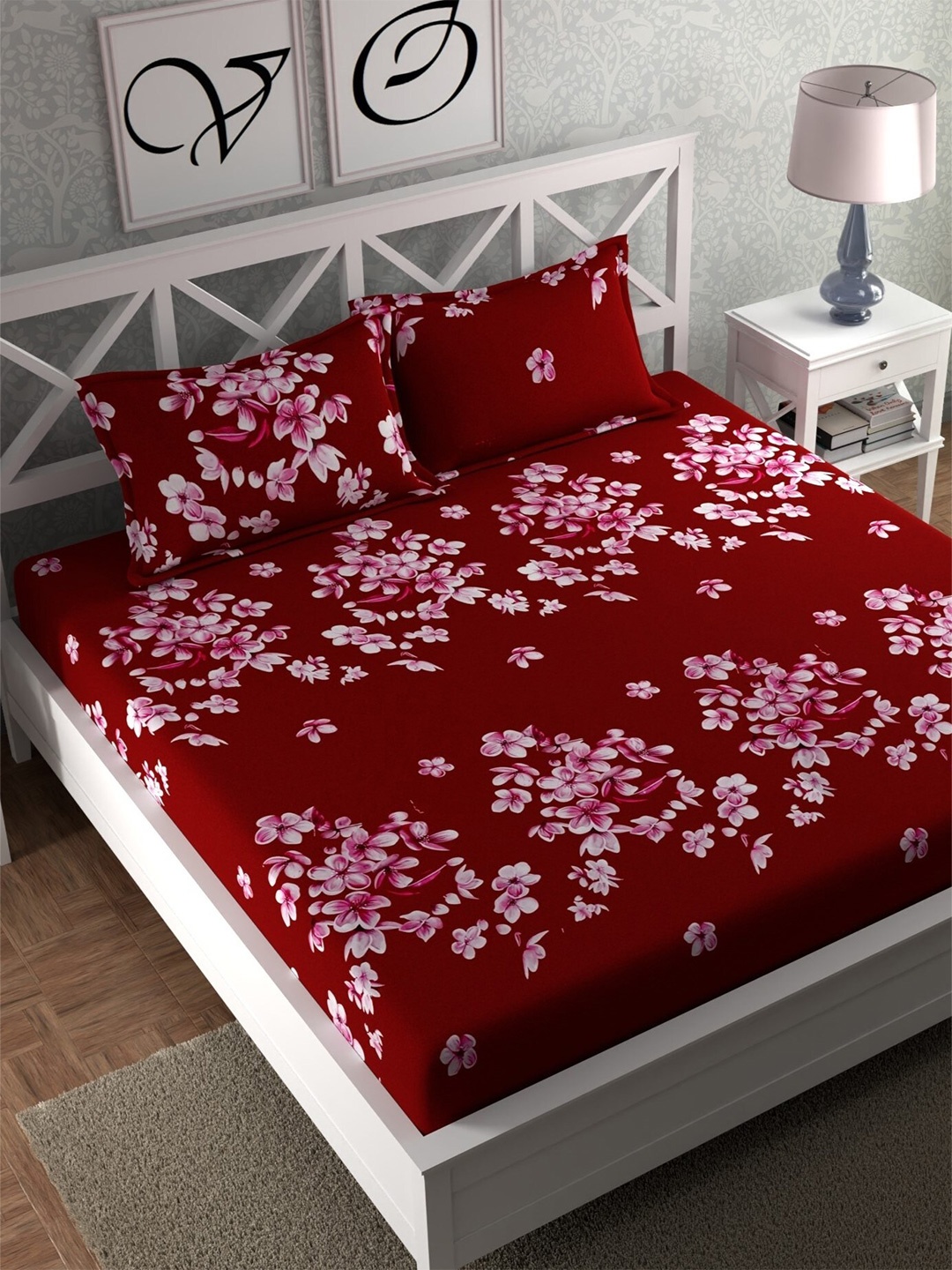 

CG HOMES Red & White Floral Printed 160 TC Fitted Queen Bedsheet with Pillow Covers