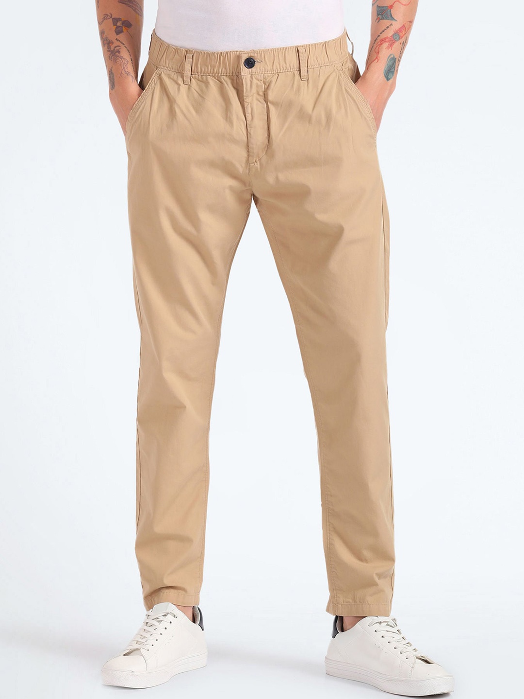 

Flying Machine Men Mid-Rise Tapered Fit Pure Cotton Trousers, Beige