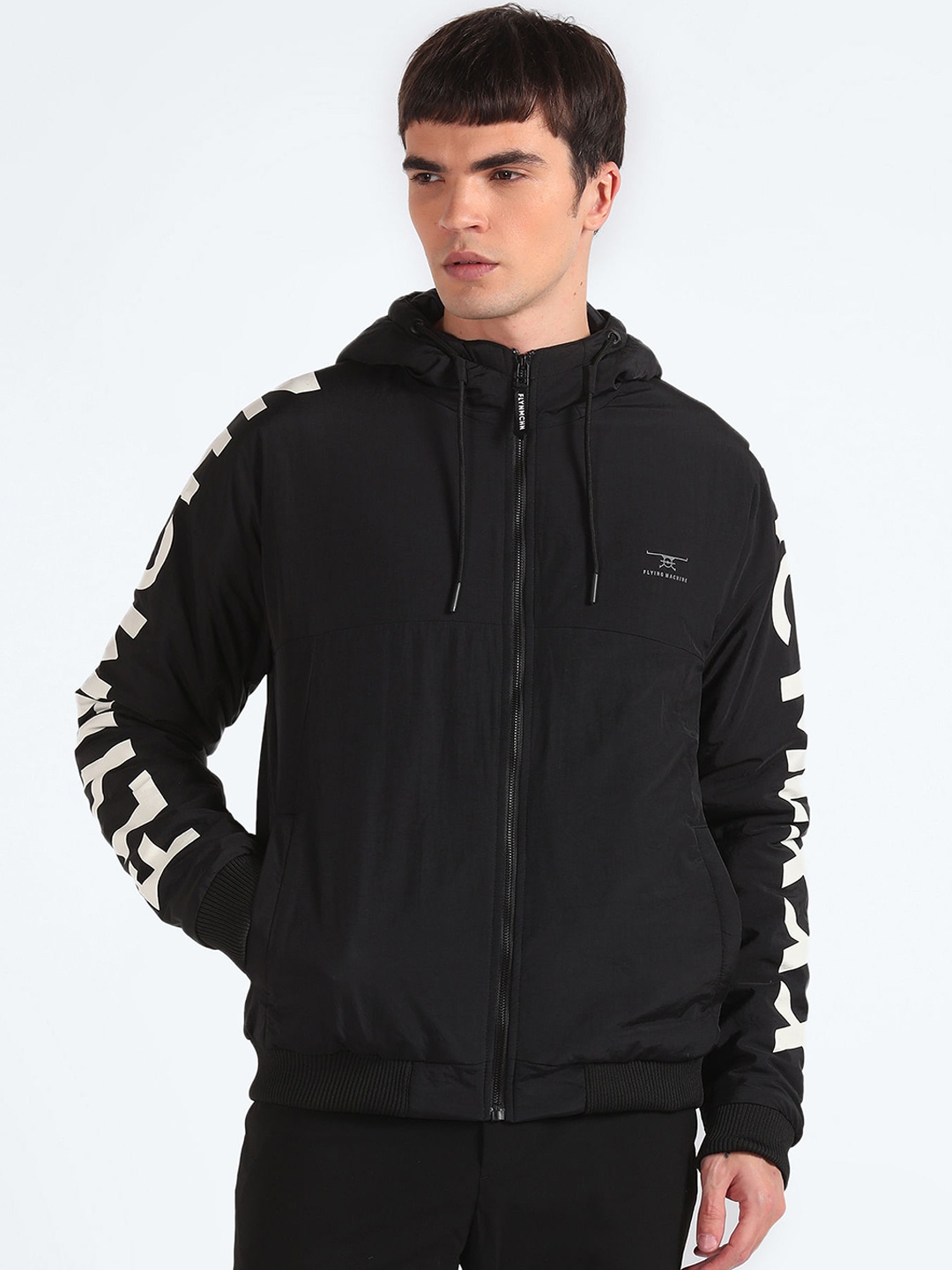 

Flying Machine Typography Printed Hooded Bomber Jacket, Black