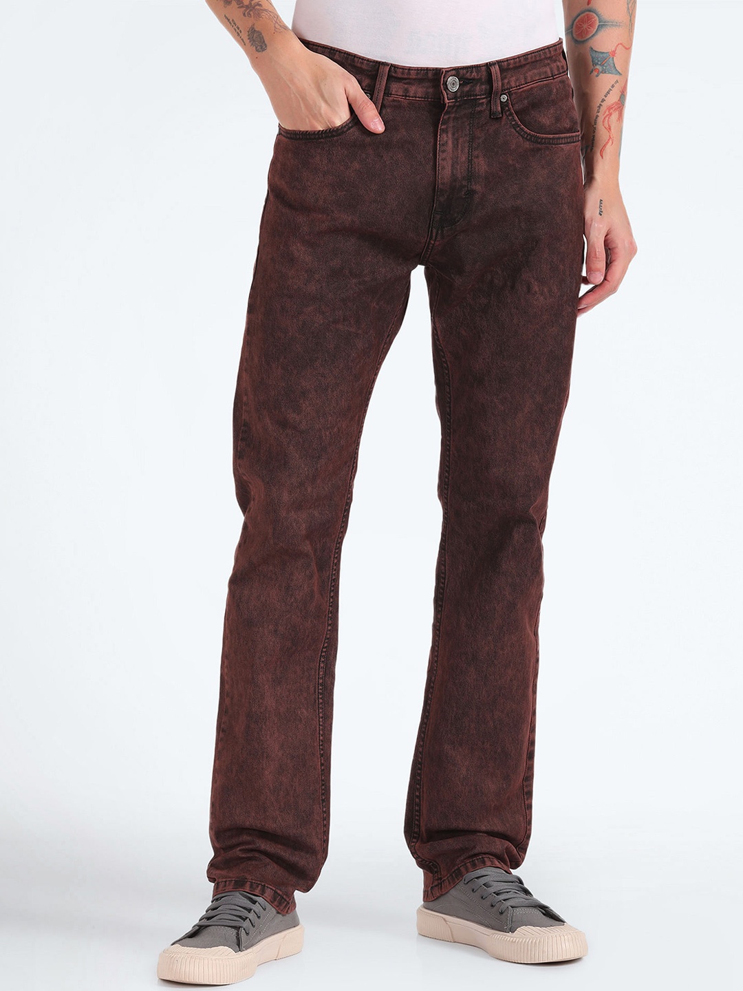 Flying Machine Men Straight Fit Clean Look Stretchable Jeans, Red