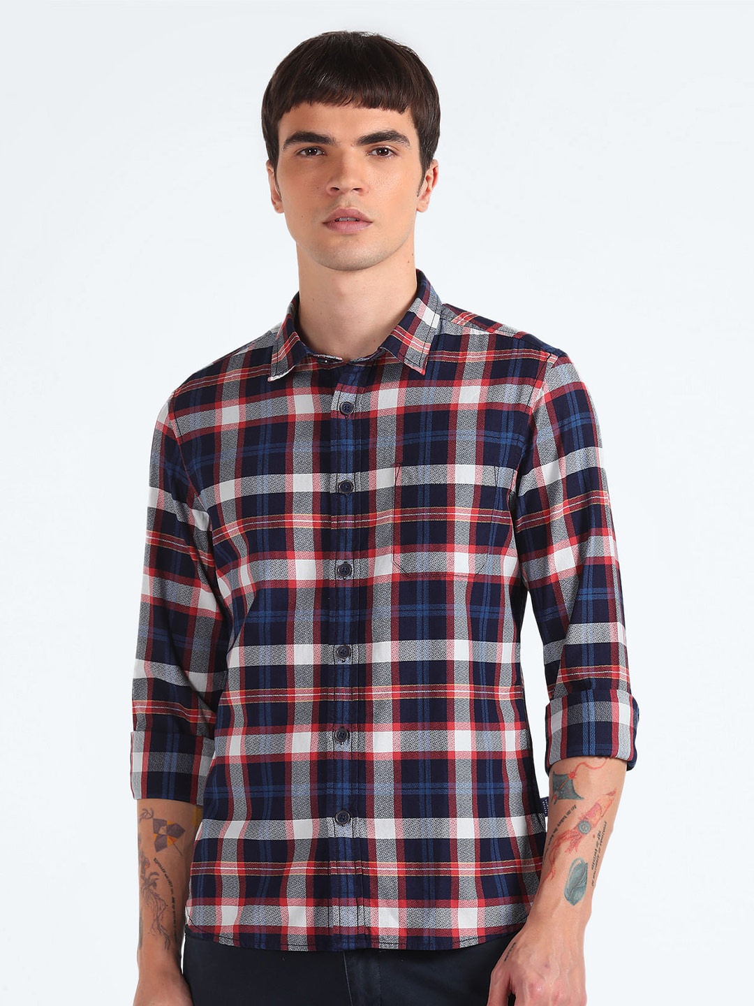 Flying Machine Slim Fit Checked Pure Cotton Casual Shirt, Blue