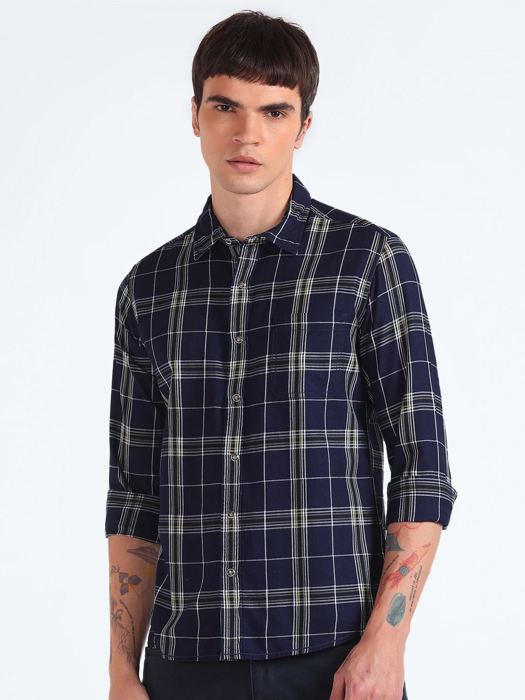 Flying Machine Slim Fit Checked Pure Cotton Casual Shirt, Blue