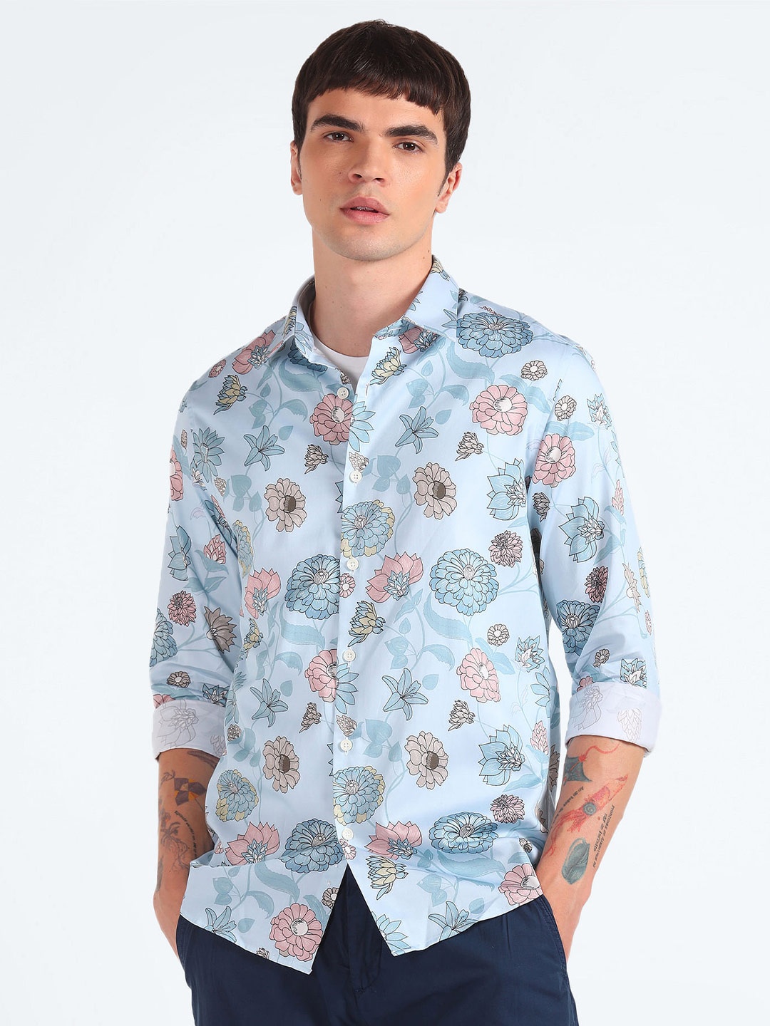 

Flying Machine Slim Fit Floral Printed Pure Cotton Casual Shirt, Blue