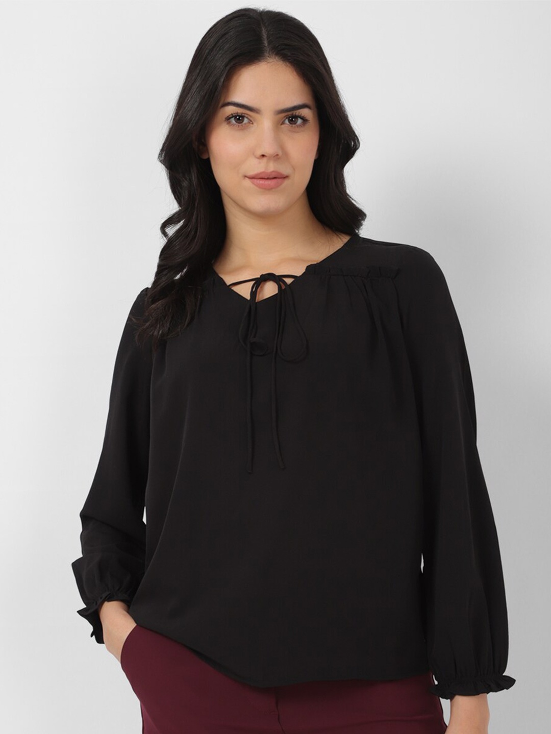 

Van Heusen Woman Cuffed Sleeves Tie Up Neck Formal Top, Black