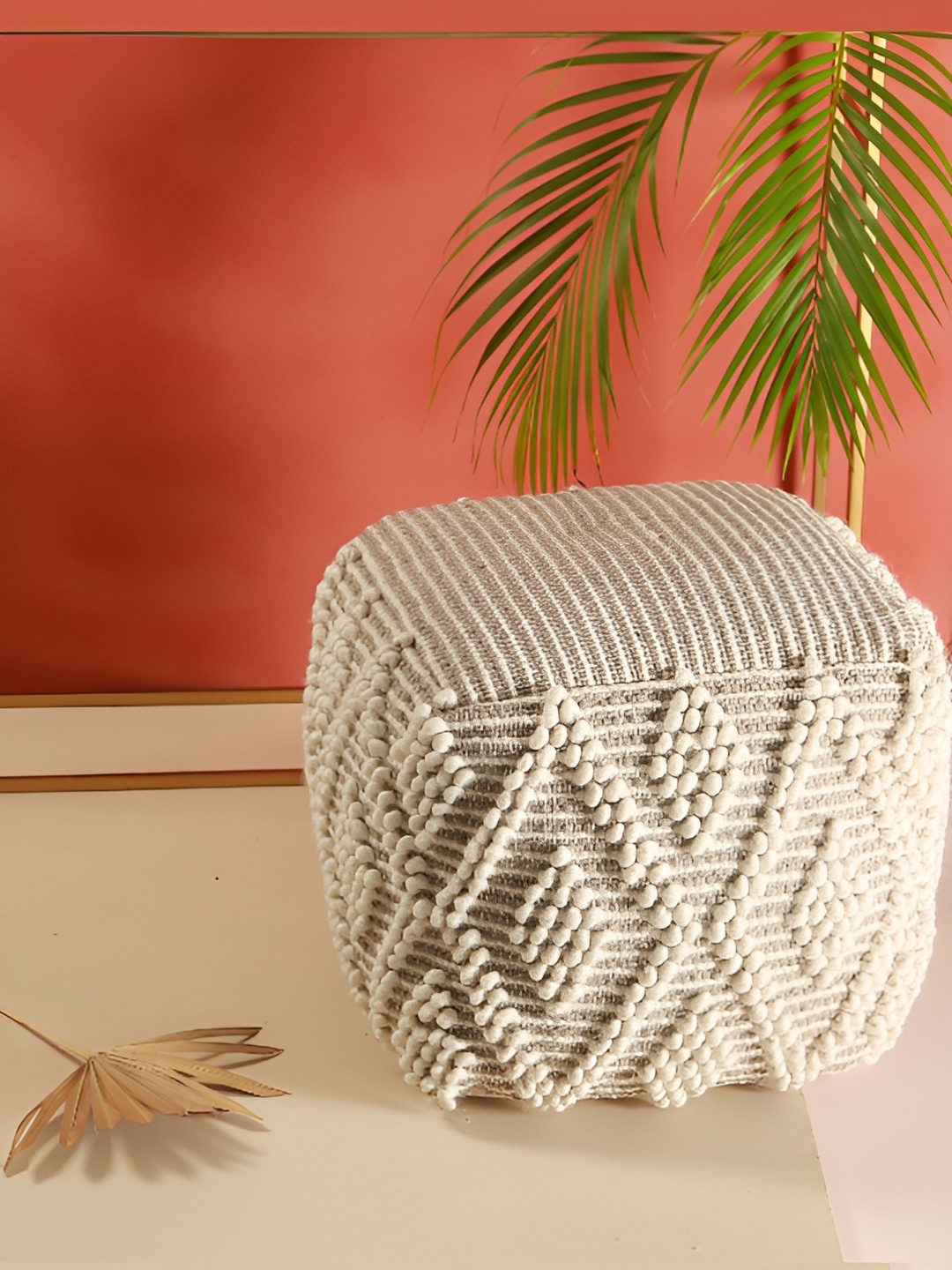 

Manor House White & Grey Macrame Wooden Square Ottoman