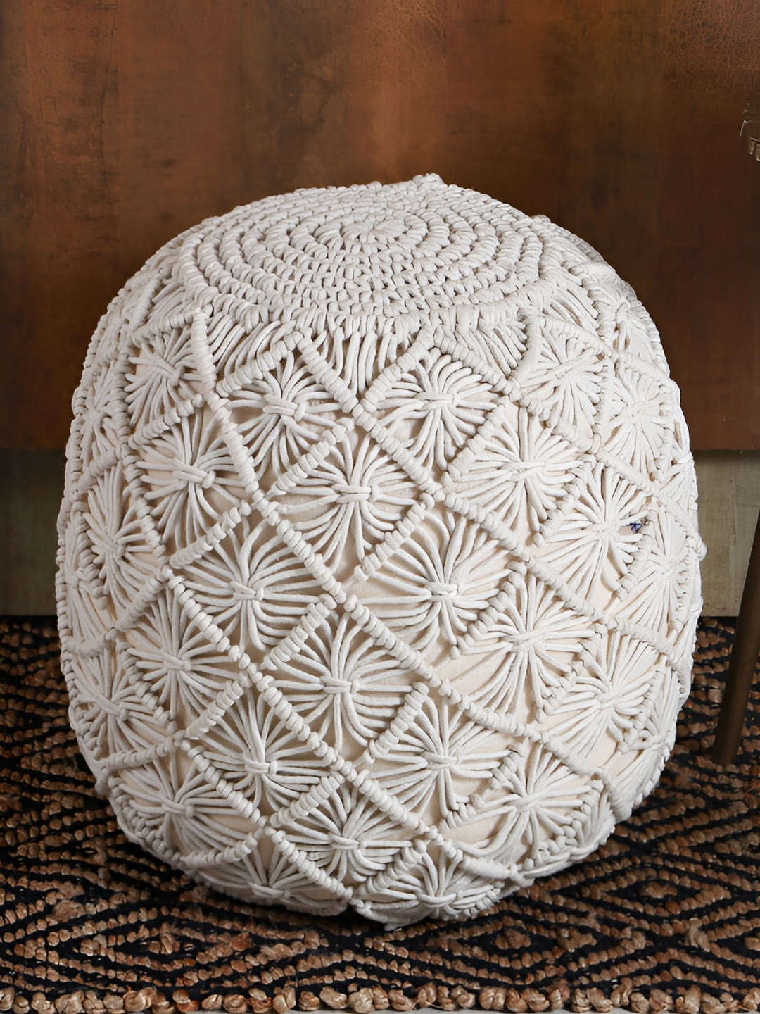 

Manor House Beige & Blue Macrame Wooden Round Ottoman, White
