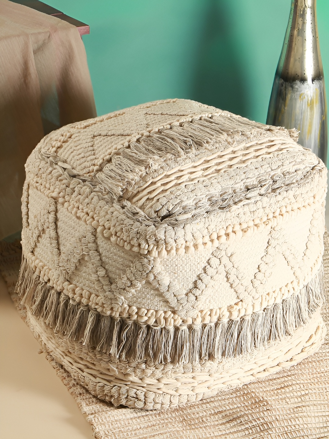 

Manor House White & Grey Macrame Wooden Square Ottoman