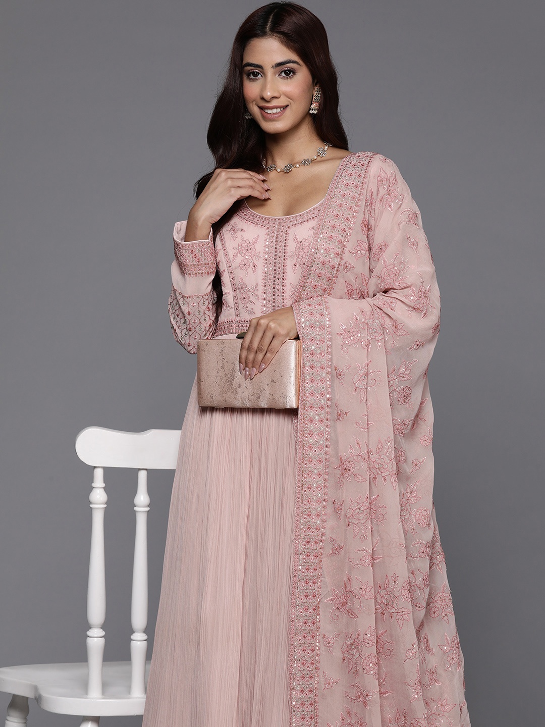 

Libas Art Floral Embroidered Pleated Sequinned Kurta with Trousers & Dupatta, Peach