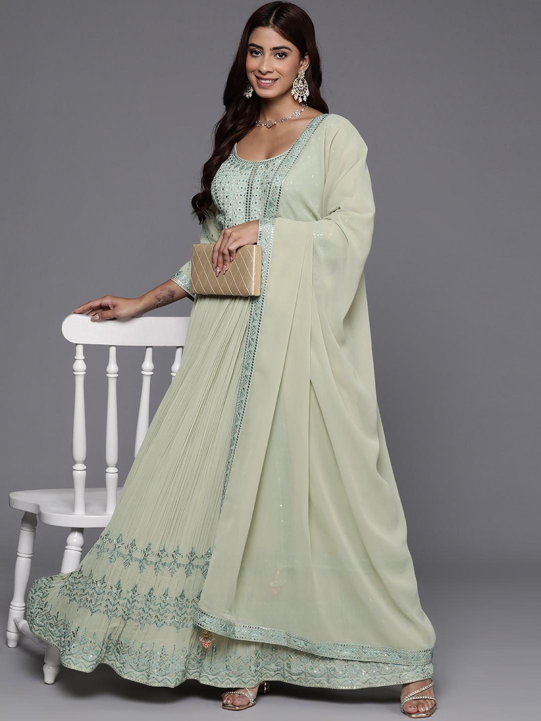 

Libas Art Embroidered Pleated Zari Kurta with Trousers & Dupatta, Green