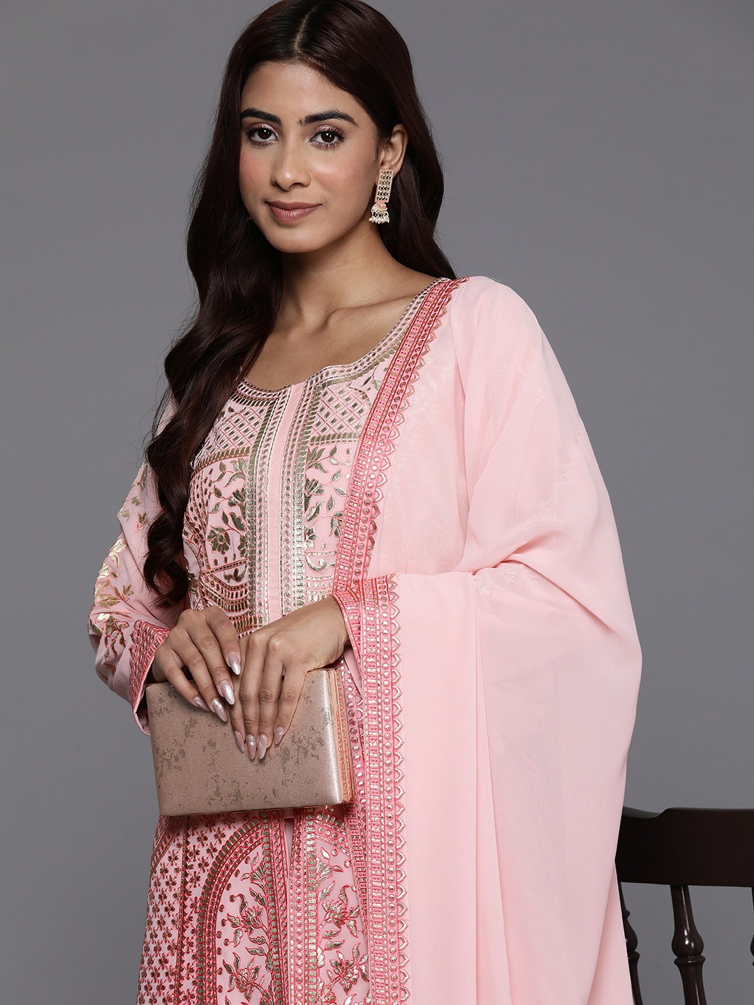 

Libas Art Floral Embroidered Zari Kurta with Palazzos & Dupatta, Peach