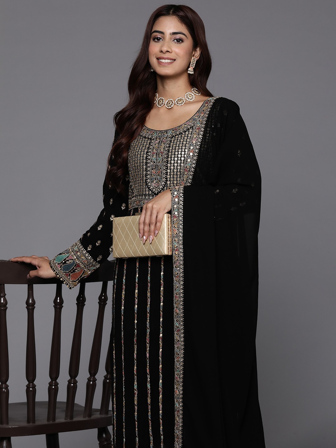 

Libas Art Ethnic Motifs Embroidered Regular Sequinned Kurta with Palazzos & Dupatta, Black