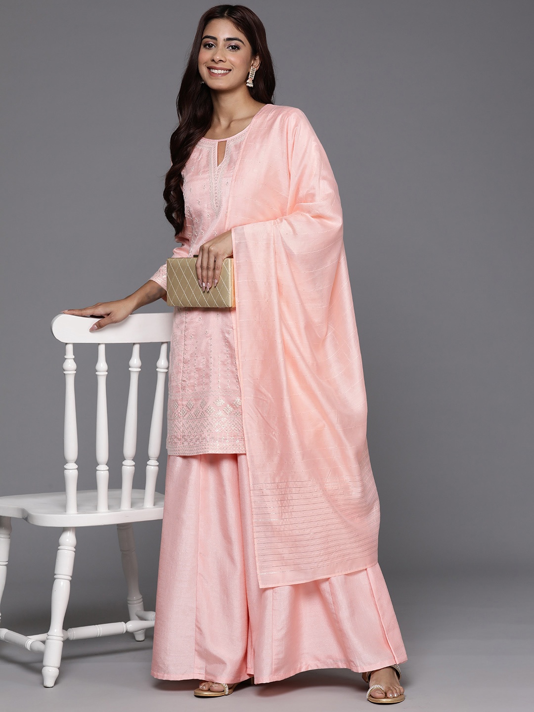 

Libas Art Ethnic Motifs Embroidered Regular Sequinned Kurta with Palazzos & Dupatta, Peach