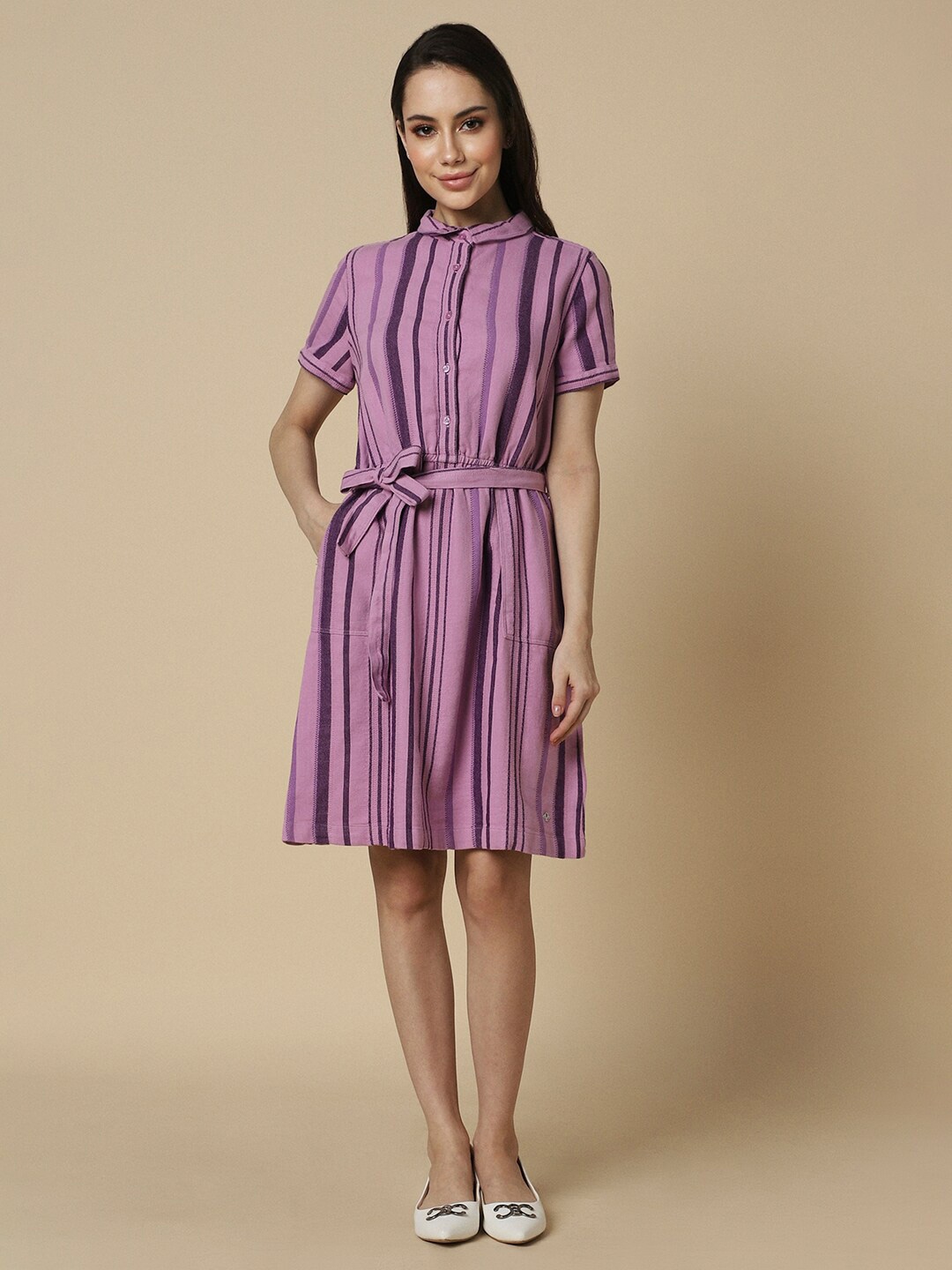 Allen Solly Woman Striped Shirt Collar Tie Up Shirt Dress, Purple