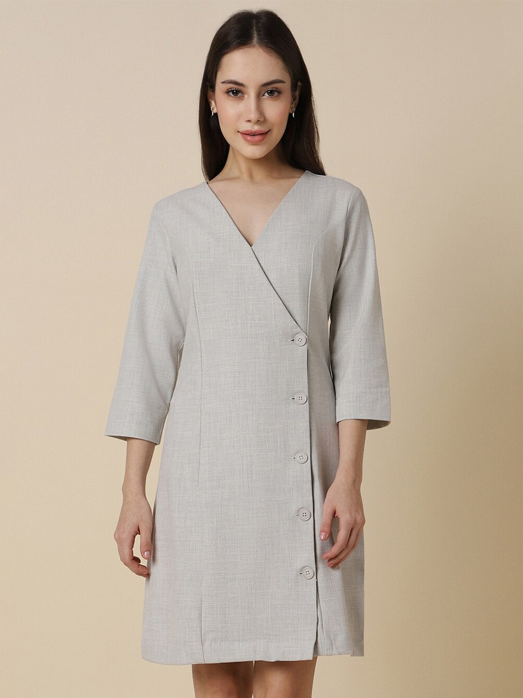 Allen Solly Woman V-Neck Checked A-Line Dress, Grey