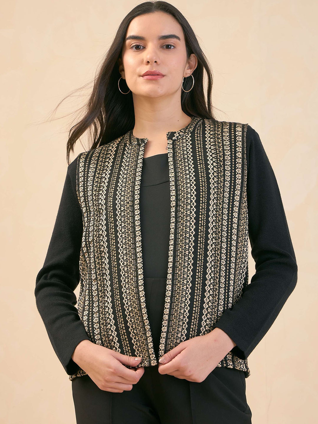 

SALT ATTIRE Self Design Mandarin Collar Acrylic Open Front Jacket, Black