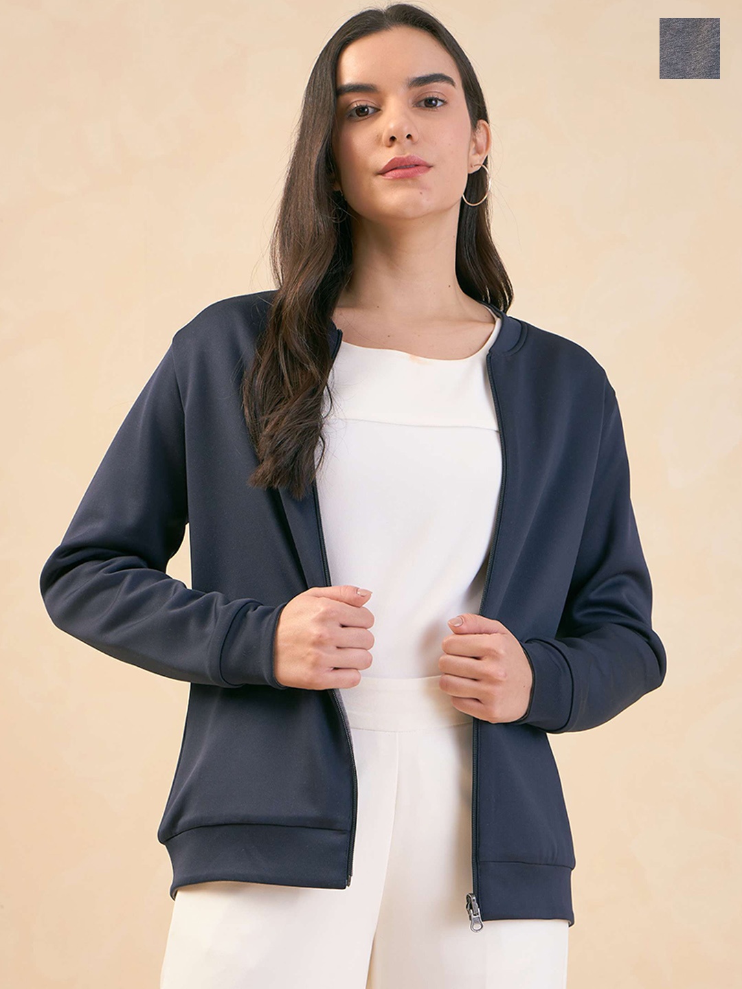 

SALT ATTIRE Gio-Reversible Collarless Bomber Jacket, Blue