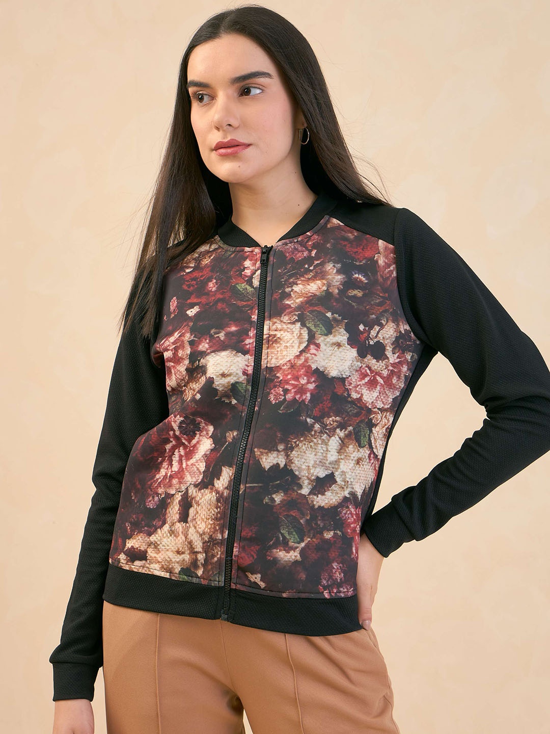

SALT ATTIRE Floral Printed Mandarin Collar Bomber Jacket, Black