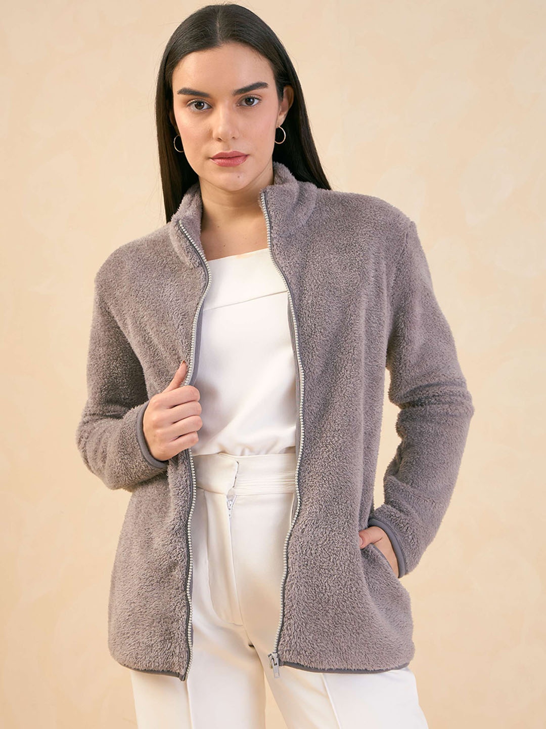

SALT ATTIRE Self Design Mock Collar Tailored Jacket, Grey