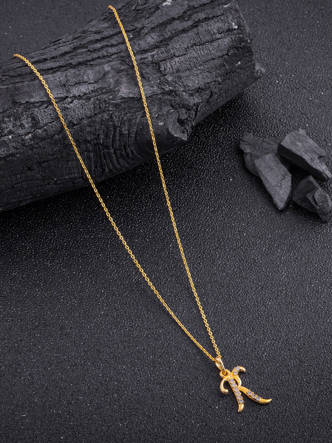 

DressBerry Gold-Plated R-Shaped Stone-Studded Pendant & Chain