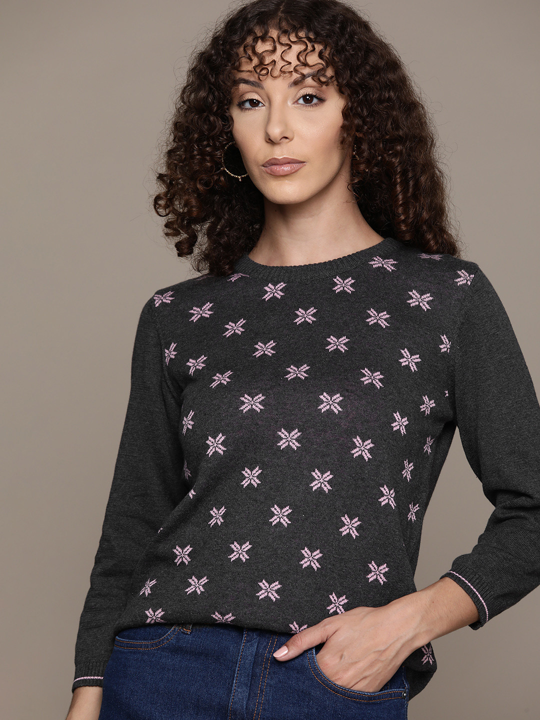 

Roadster Women Printed Cotton Pullover, Charcoal