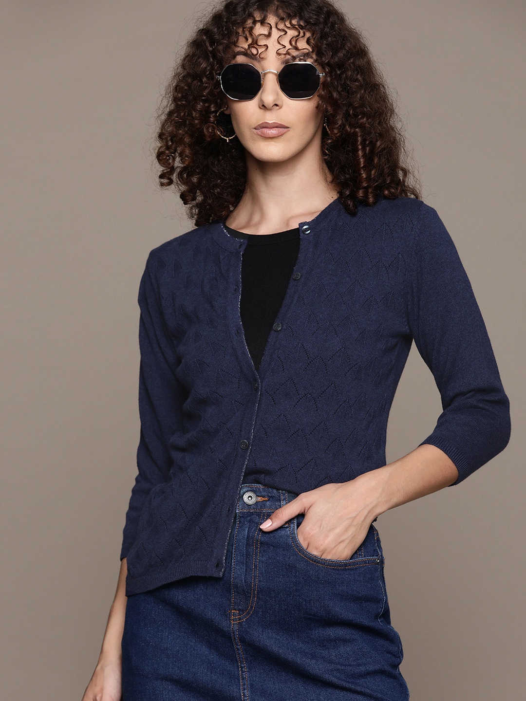 

Roadster Women Open Knit Cotton Cardigan, Navy blue