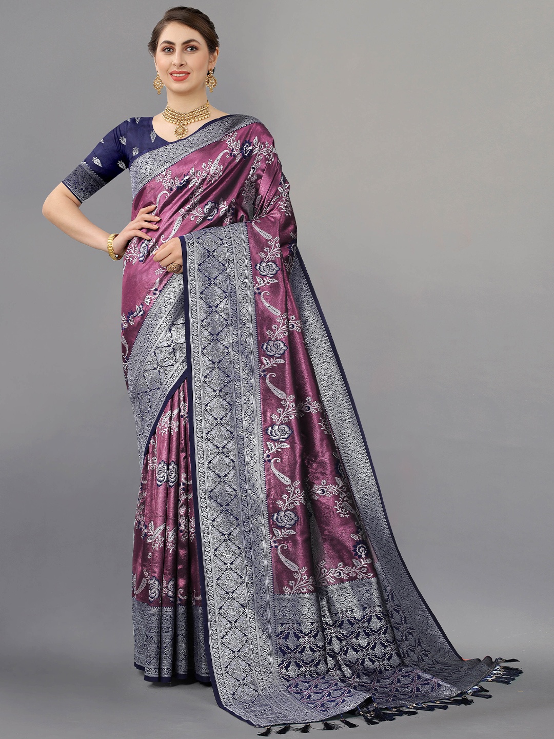 ZIBLON Woven Design Kanjeevaram Saree, Navy blue