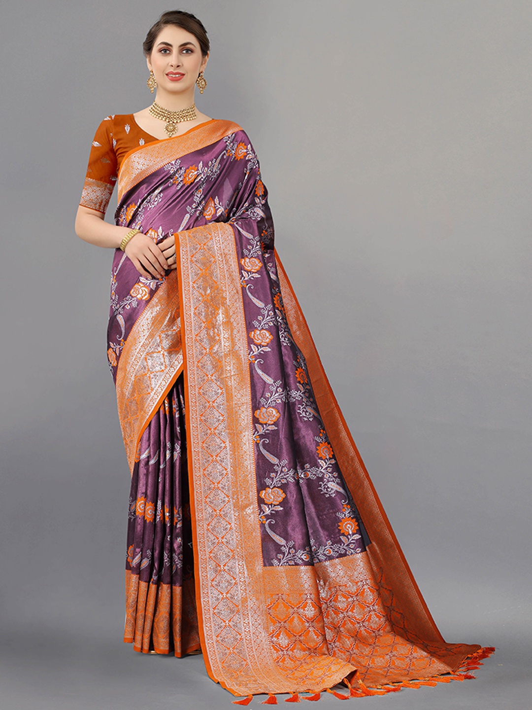 

ZIBLON Floral Woven Design Zari Kanjeevaram Saree, Orange