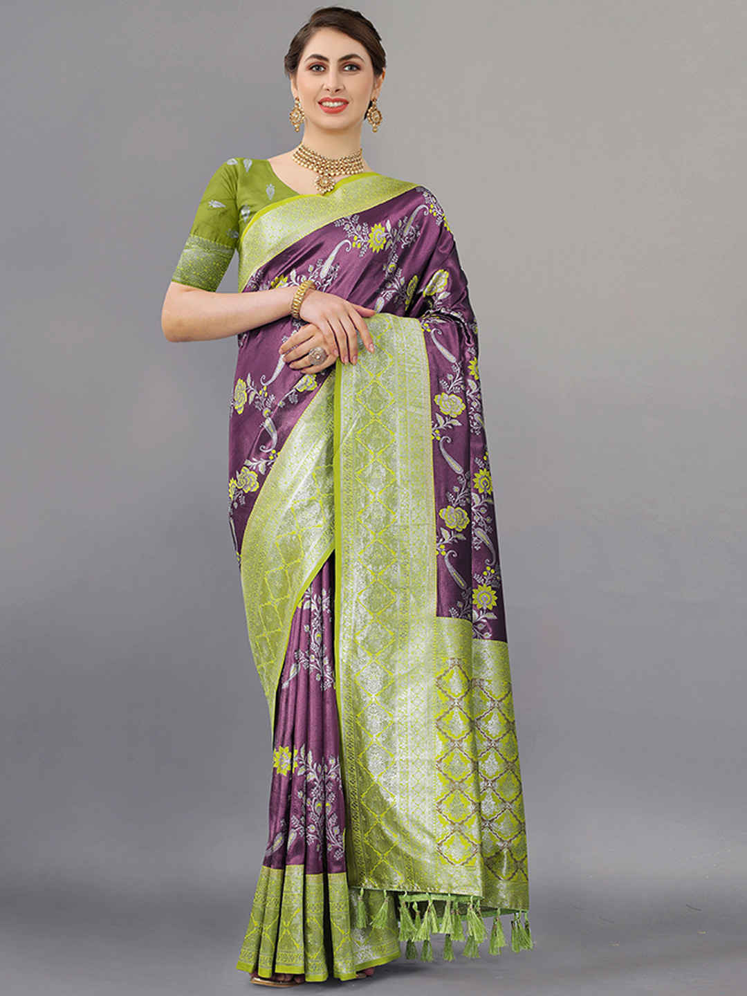 

ZIBLON Woven Design Kanjeevaram Saree, Green