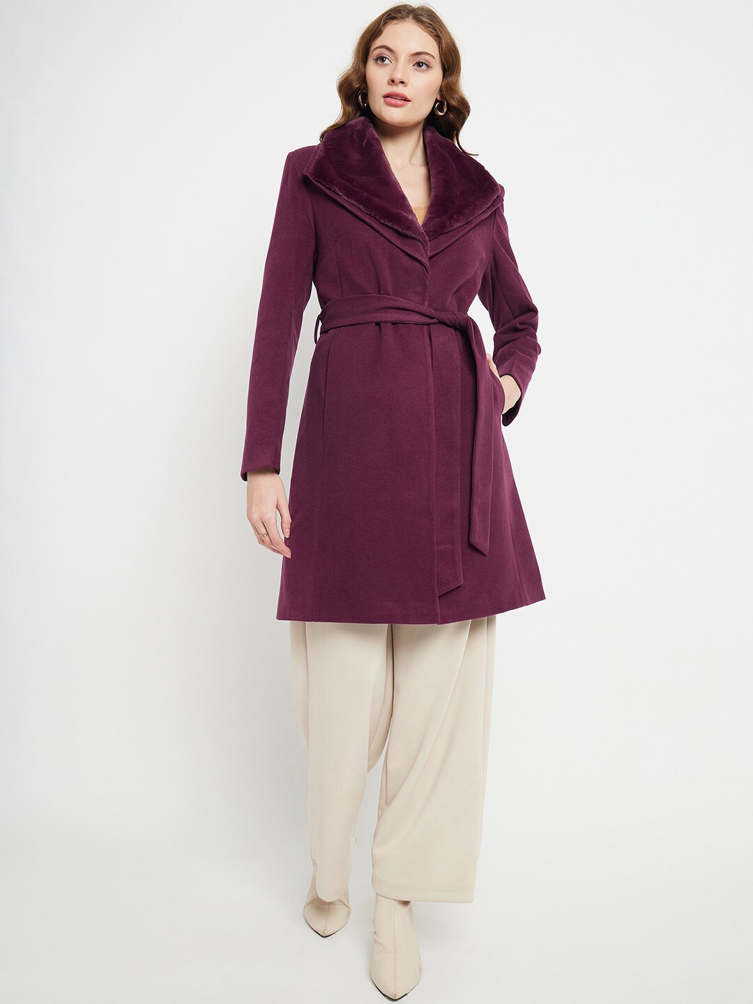 

Madame Notched Lapel Single Breasted Longline Overcoat, Purple