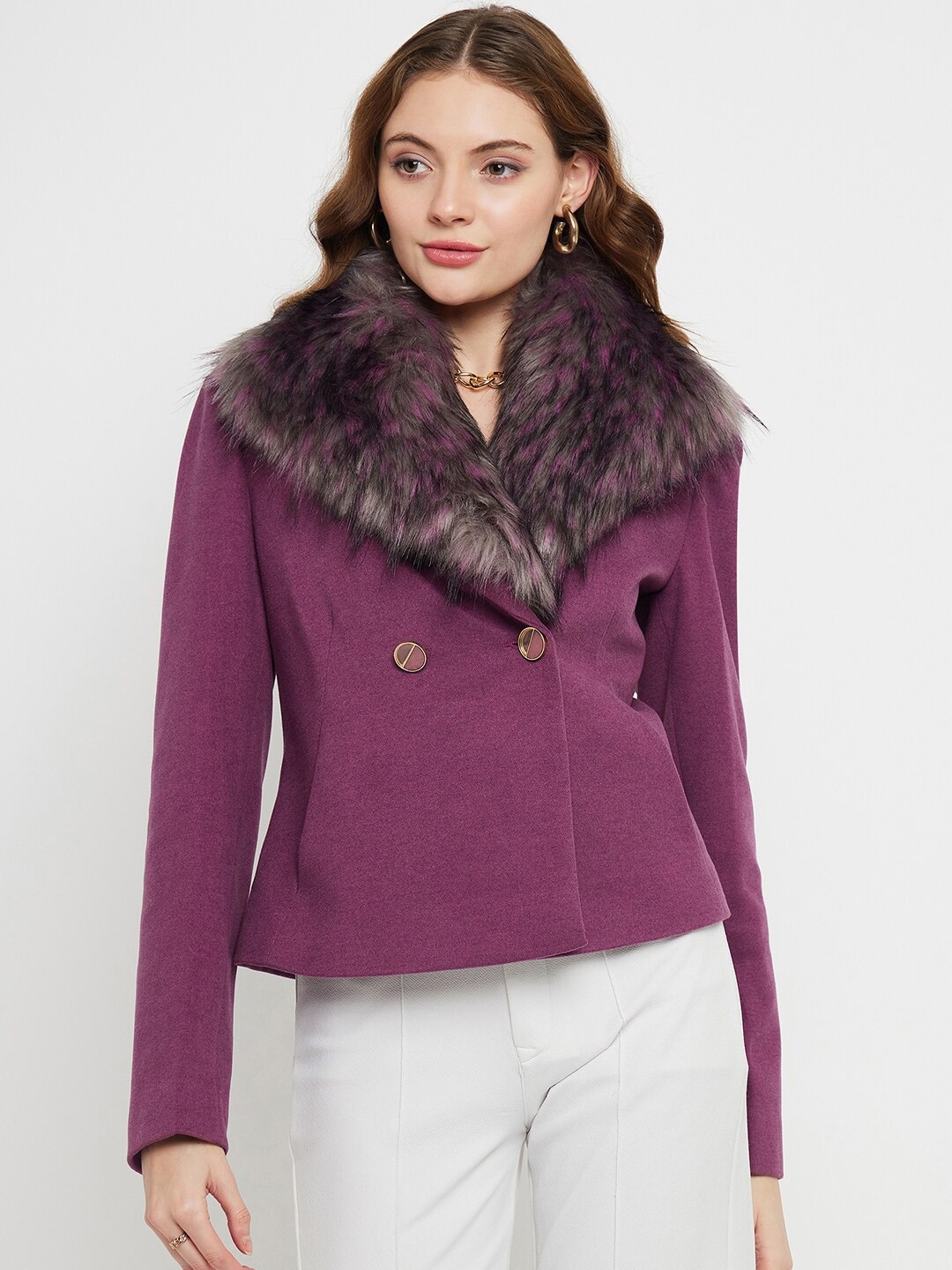 

Madame Shawl Collar Double Breasted Pea Coat, Purple